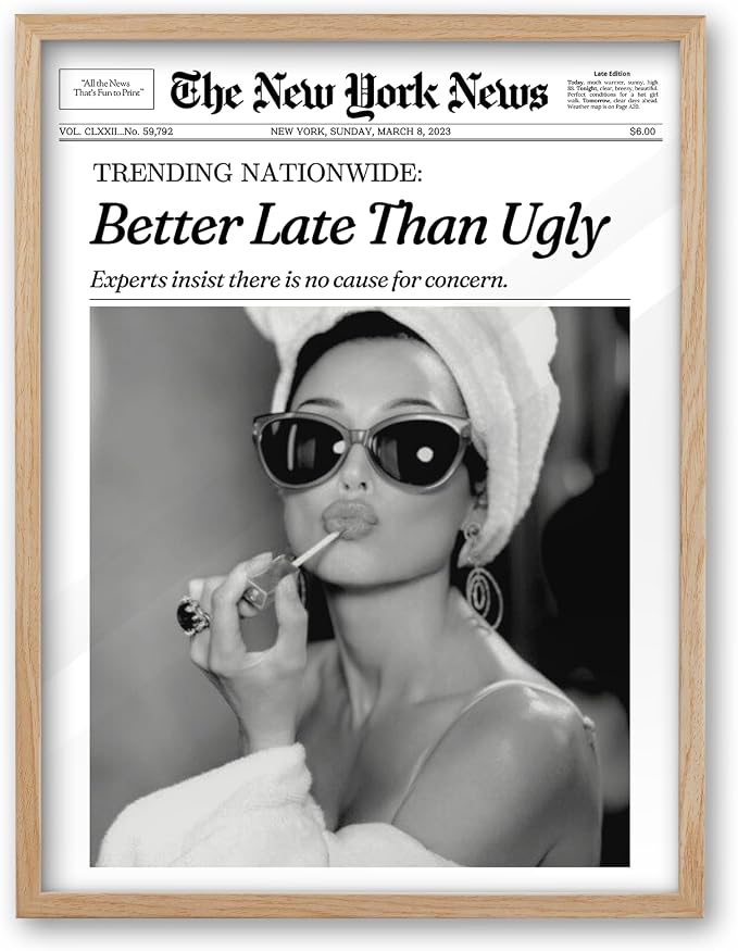 iHery 12x16in Audrey Hepburn Better Late Than Ugly Framed Bathroom Art | by iHery
