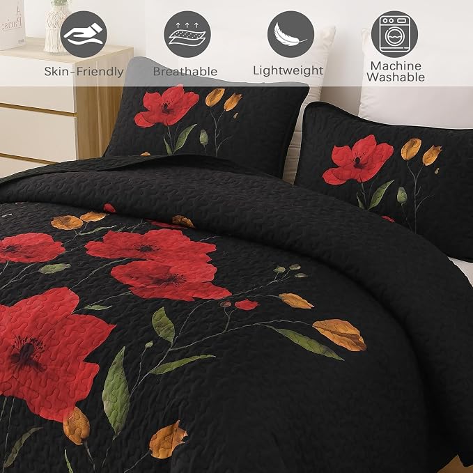 Mybedsoul Floral Quilt Set King Size, 3 Pieces Black Bedspread Coverlet Set - Image 4
