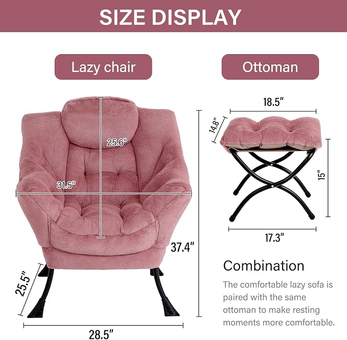 Lazy Chair with Ottoman, Comfy Accent Reading Chair, Plush Dark Pink | Foldable - Image 3