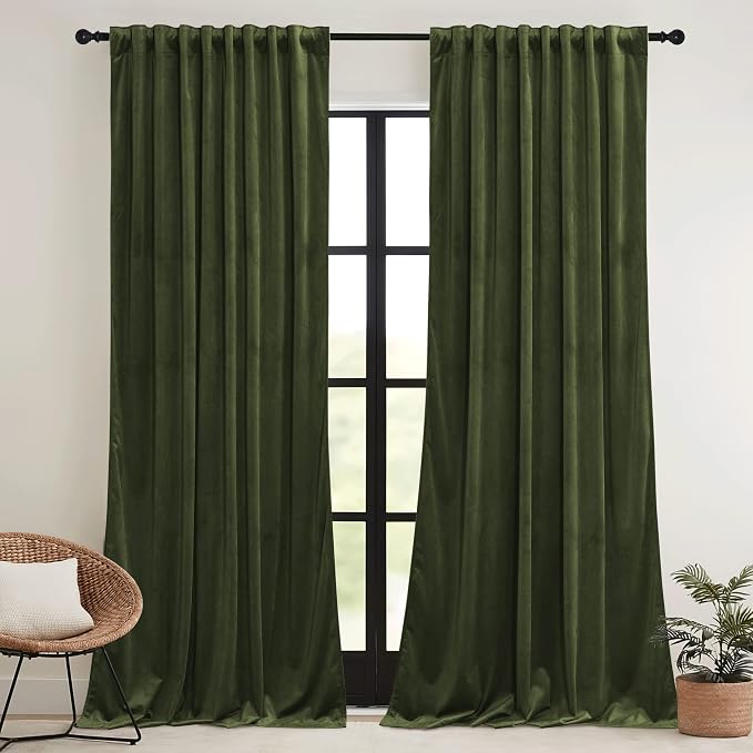 RYB HOME Olive Green Velvet Curtains - Image 2