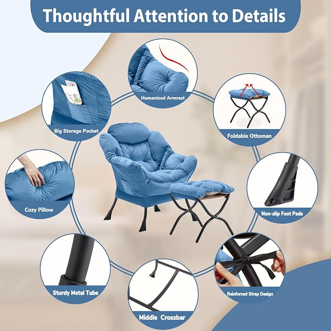 Youtanic Lazy Chair with Folding Ottoman, Accent Chair Velvet Upholstered with - Image 6