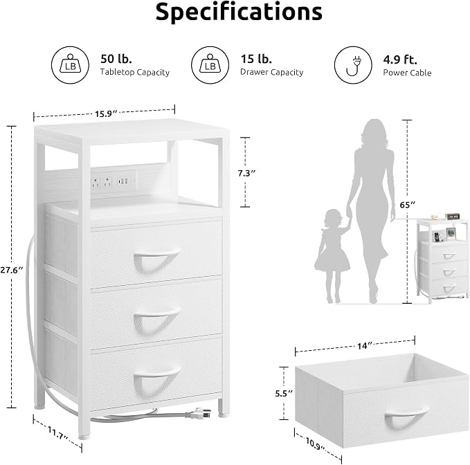 Lazzanto Night Stand with Charger Station, 3 Fabric Drawers, Bedside Table - Image 2