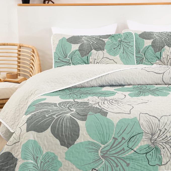 DJY 3 Pieces Quilt Set King Green Floral Pattern Quilt Coverlet Elegant Boho - Image 8