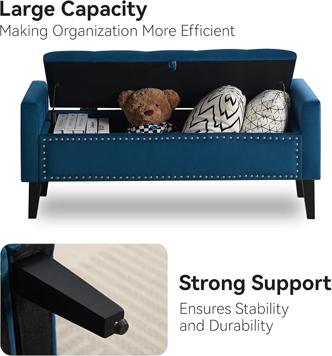 WUTUTUEE 47" Velvet Storage Bench, Upholstered Bed Bench - Image 4