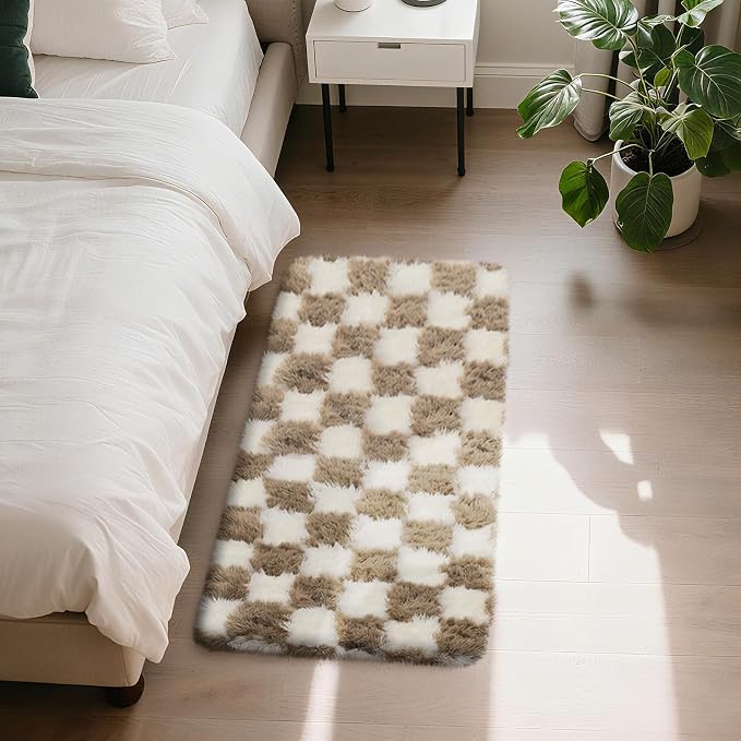 Beige and White 2x4 Area Rugs for Bedroom, Fluffy Rug Small Bedside Carpet | by Yongyangjuxi