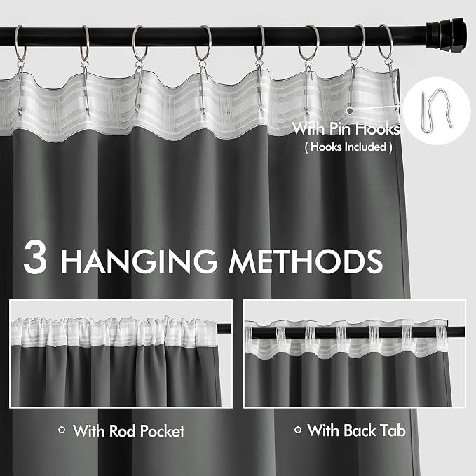 MIULEE Grey Back Tab Blackout Curtains 52x96 Inch Long 2 Panels Set | Rod - Image 3