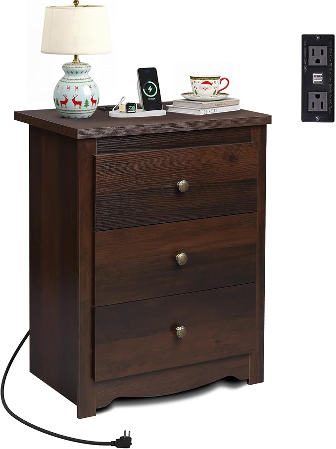 WLIVE Tall Nightstand with Charging Station, Wood Night Stand with 3 Drawers by WLIVE