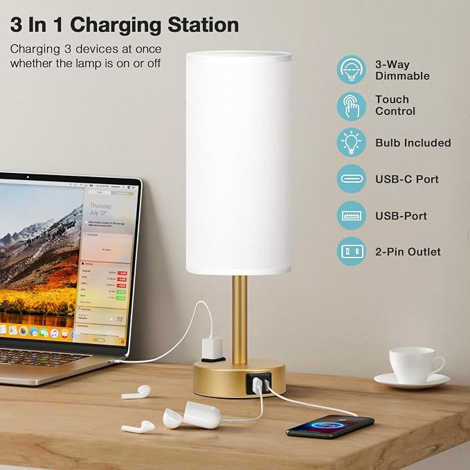Gold Touch Lamp for Bedroom- 3 Way Dimmable Bedside Lamp USB C A Charging Ports - Image 3