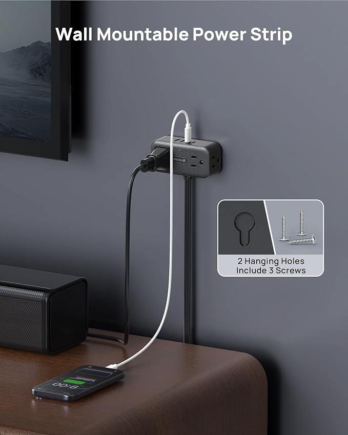 TROND 360° Rotating Flat Plug Power Strip 1.5ft, 4 Widely AC Outlets, Wall Mount - Image 7