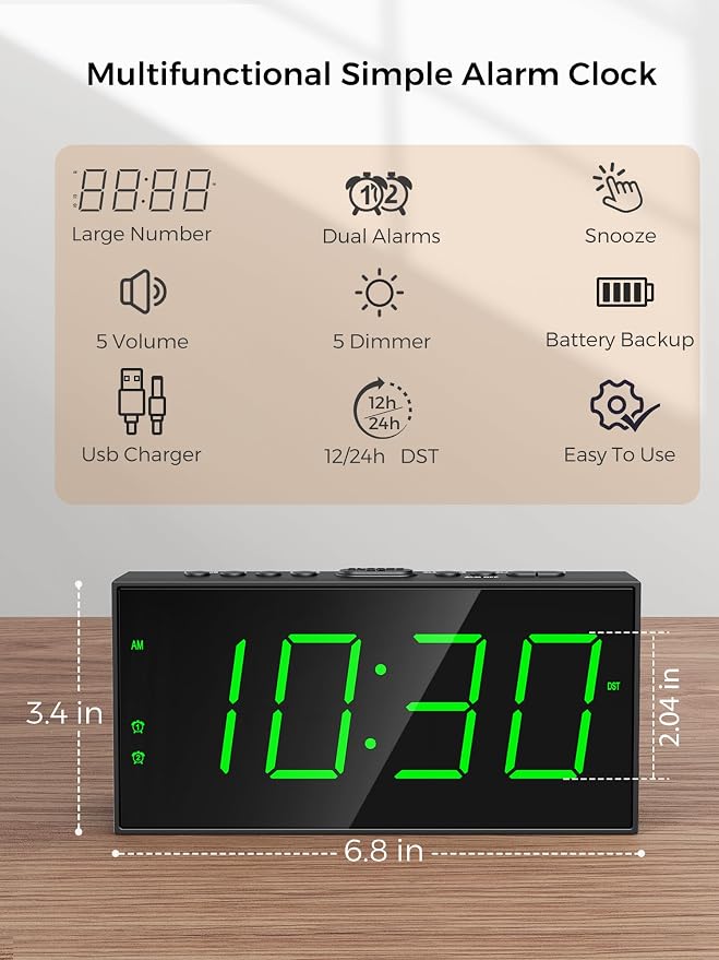 Digital Alarm Clock for Bedroom, Large Big Numbers Display Dual Alarms | - Image 2