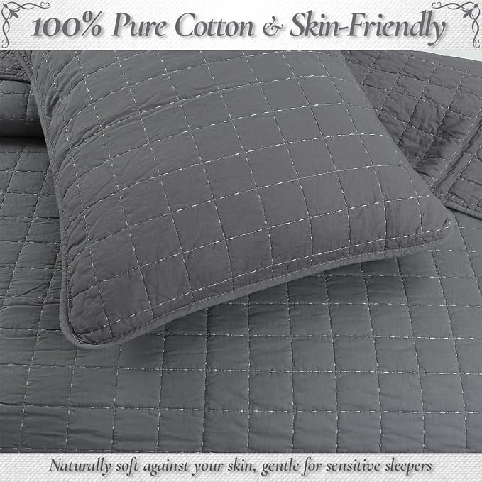 Cozy Line Home Fashions 100% Cotton Quilt Set – 3-Piece Charcoal Gray Solid - Image 6