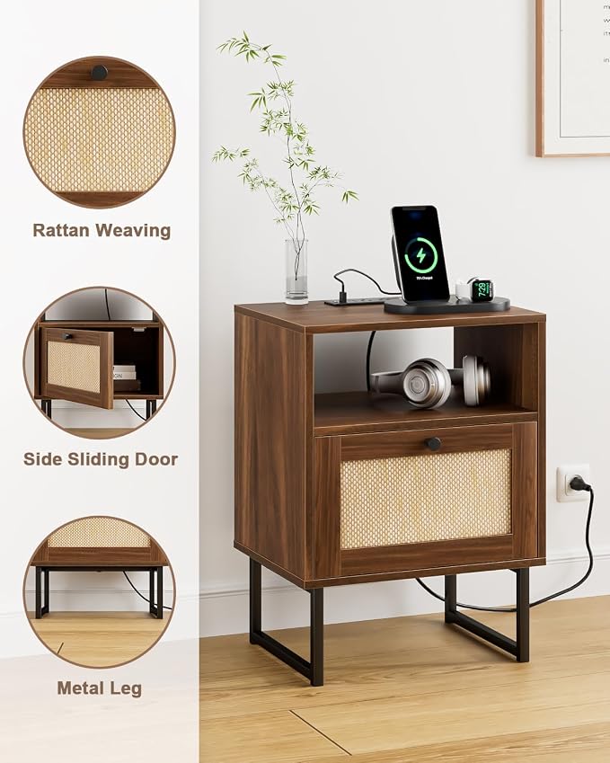 Masupu Rattan Nightstand with Charging Station, Modern Boho Farmhouse Wood - Image 5