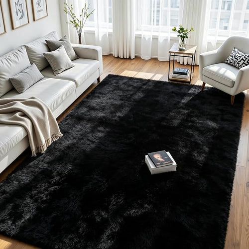 9x12 Fluffy Area Rug for Living Room: Soft Non-Slip Black Bedroom Carpet | by Oriannal