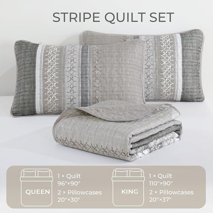 Cottolester Quilt Set Queen, Taupe Grey Striped Patchwork Bedspread | Modern - Image 5