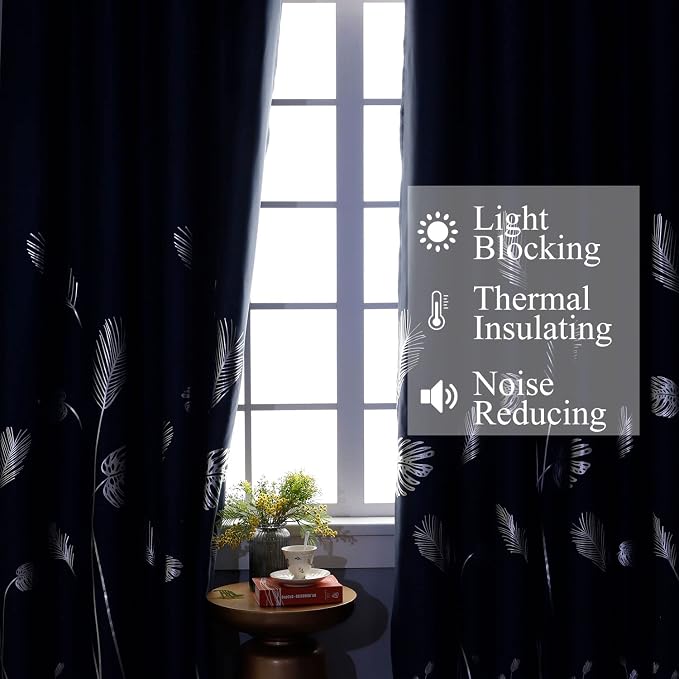 Navy Blue Blackout Curtains for Living Room 84 Inches Long Silver Palm Tree - Image 6