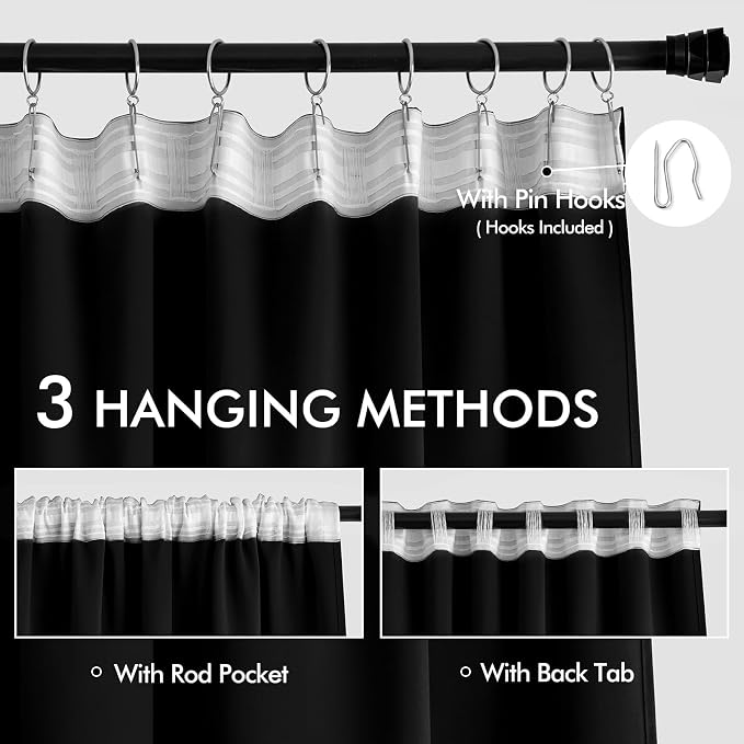 MIULEE Black Back Tab Blackout Curtains 52x102 Inch Long 2 Panels Set | Rod - Image 3