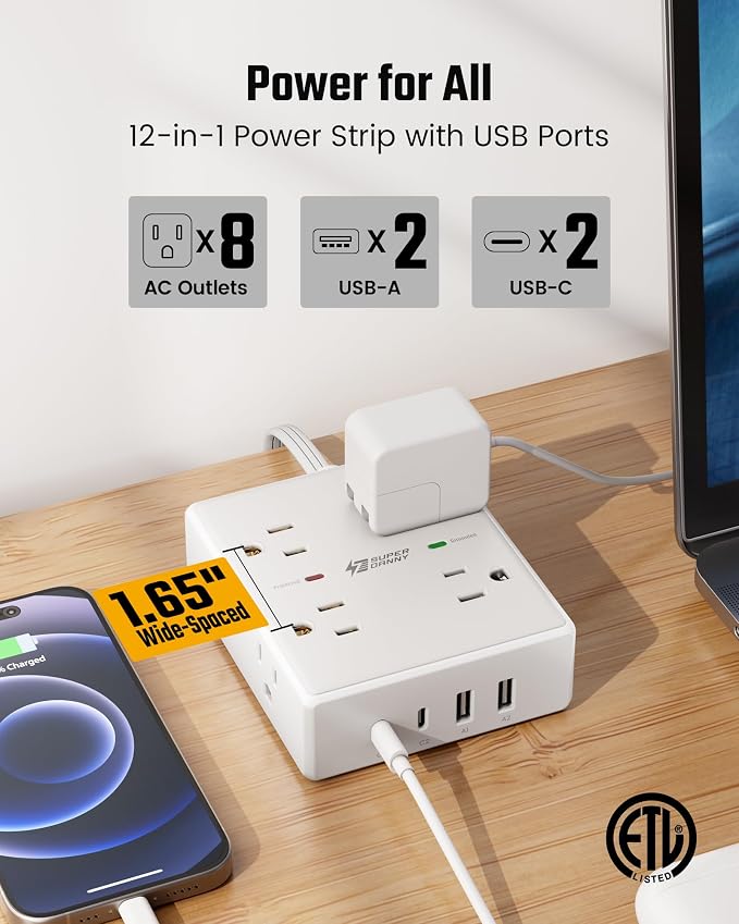 SUPERDANNY Extension Cord, Flat Plug Surge Protector Power Strip, 15Ft | 8 AC & - Image 4