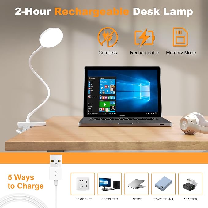 Rechargeable Desk Lamp with Clamp, 97 LED Bright Clip on Light with 3 Color & - Image 4