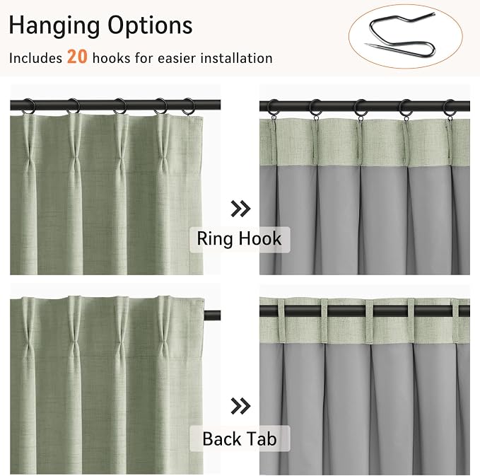 Pinch Pleated Full Blackout Faux Linen Curtains 108 Inches Long | Sage Green - Image 3