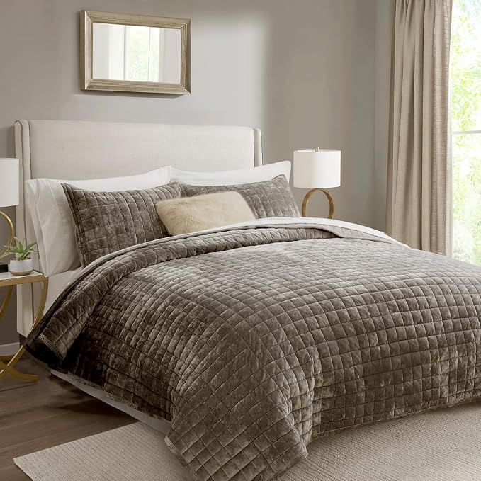 RECYCO Channel Box Stitch Velvet Quilt Set, Twin/Twin XL Size, Dune Brown | - Image 2