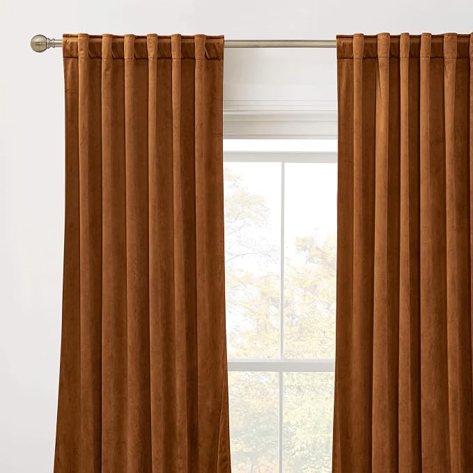 RYB HOME Fall Curtains Burnt Orange Velvet Curtains, Light Blocking, Thermal - Image 2