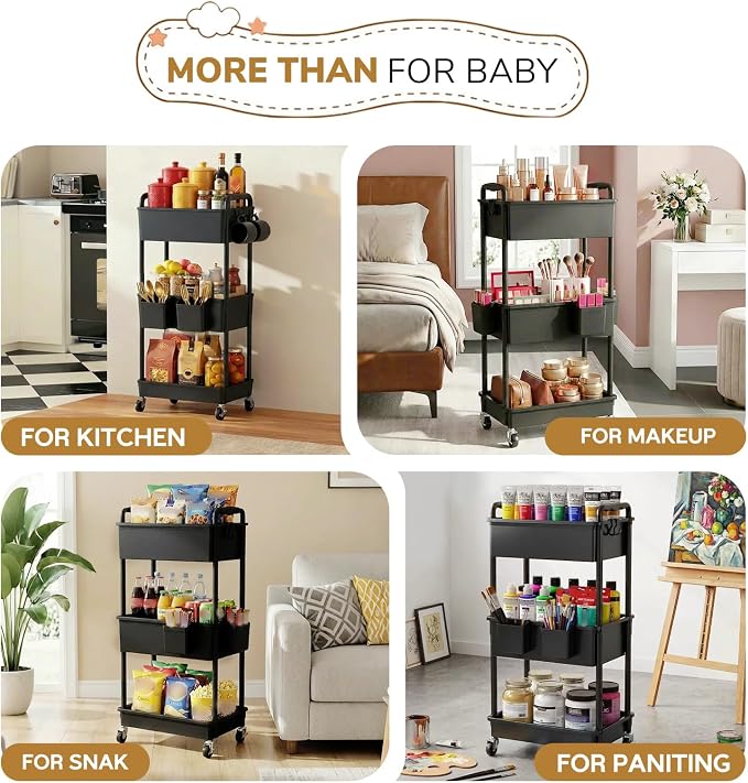 Goovilla Diaper Cart with Lockable Wheels and Easy Assembly, 3 Tier Black | - Image 7