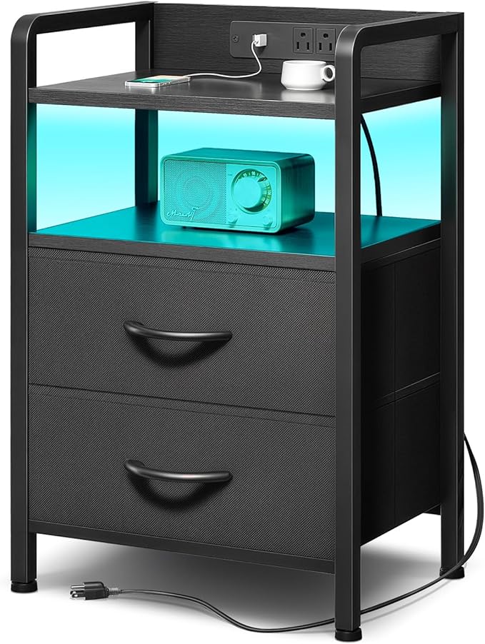Lazzanto Nightstand with Rear Charging Station, LED Light, 2 Drawers, 2 USB-A by Lazzanto