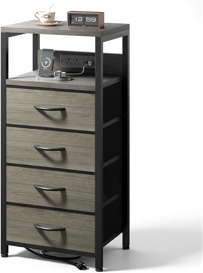 Lazzanto Night Stand with Charger Station, 4 Fabric Drawers, Bedside Table by Lazzanto