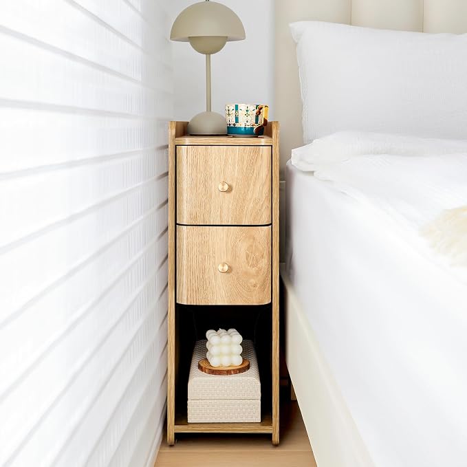 Narrow Nightstand Set of 2, Wooden Small 2 Drawer Nightstand, Slim Side End - Image 3