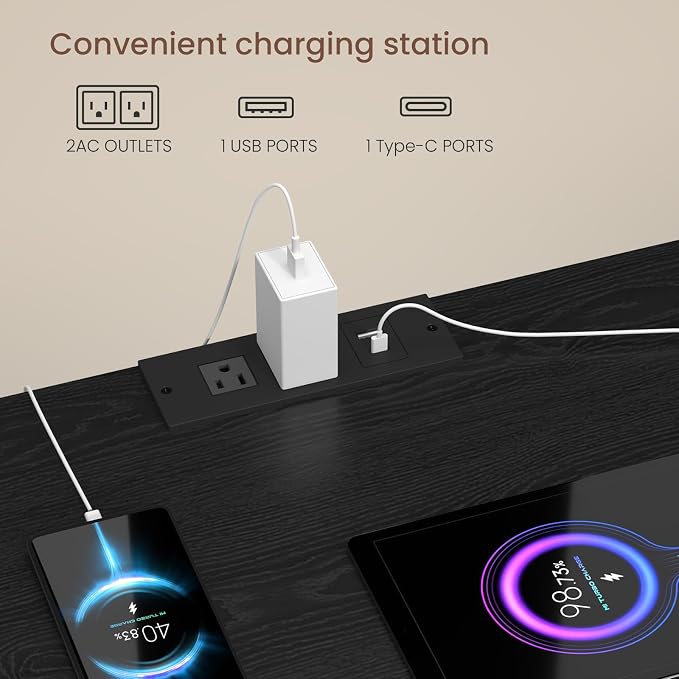 Nightstands Set of 2 with Charging Station, LED Lights, Hidden Drawer, Modern - Image 7