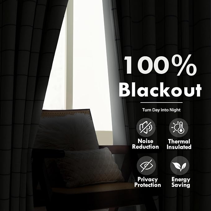 DriftAway 100% Blackout Windowpane Plaid Linen Curtains 45 Inches Black | - Image 3