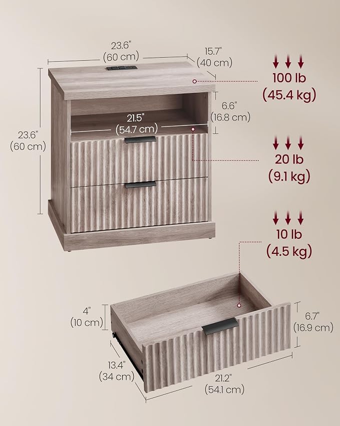 VASAGLE Nightstand with Charging Station, 2 Drawers, Open Shelf | Bedside Table - Image 3