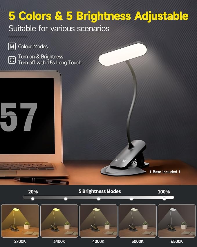 CUHIOY Rechargeable Clip on Light, Bed Headboard Reading Lamp, 5 Colors 5 - Image 6