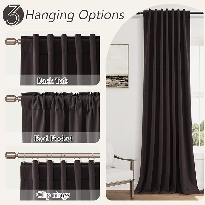 Cocoa Coffee 100% Blackout Linen Curtains 120 Inch Length 2 Panels Set - Image 6