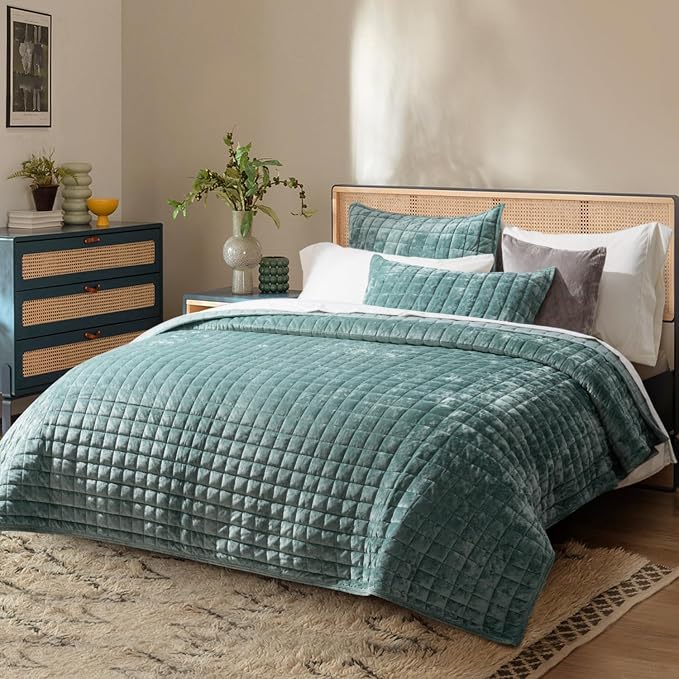 RECYCO Channel Box Stitch Velvet Quilt Set, Twin/Twin XL Size, Aqua Green | - Image 2