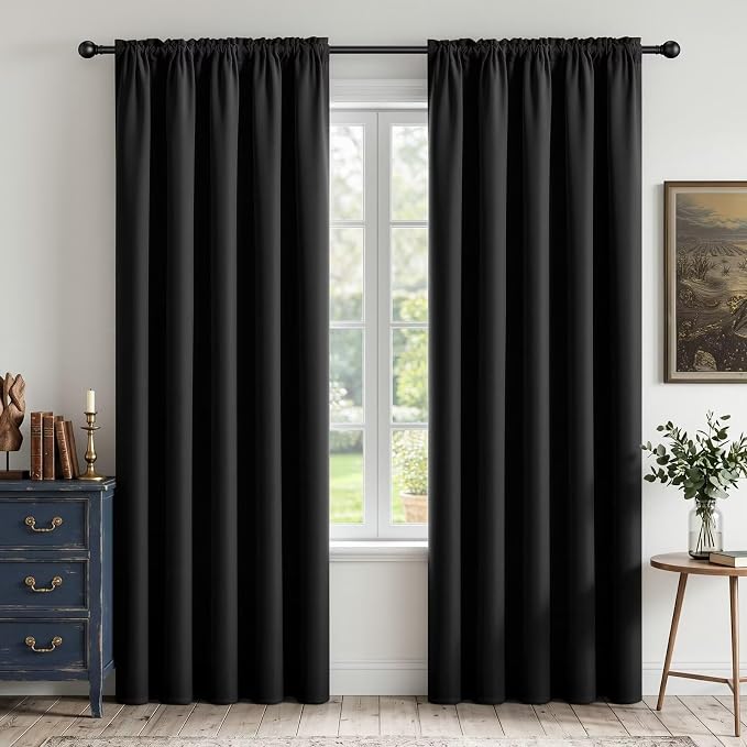 CUCRAF Black Blackout Curtains 90 inch Length 2 Panels Set, Rod Pocket Room by CUCRAF