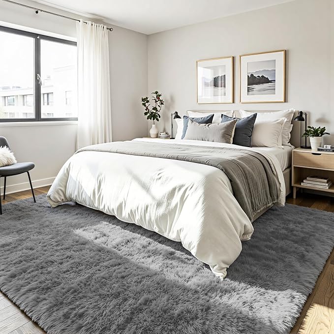 5x7 Fluffy Area Rug for Living Room: Non-Slip Light Grey Bedroom Carpet | Ultra - Image 3