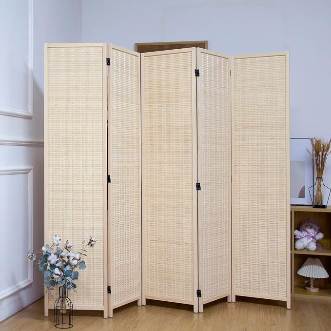 5 Panel Bamboo Room Divider, 5.6 ft Tall Folding Privacy Screen, Freestanding - Image 4