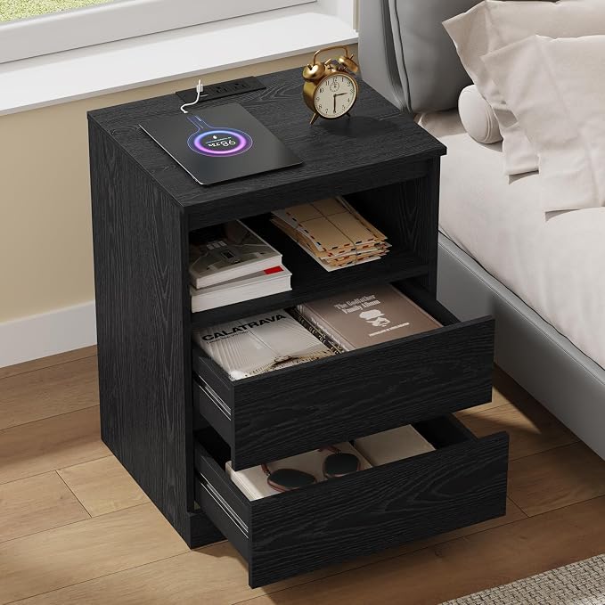Nightstands Set of 2 with Charging Station, LED Lights and Drawer, Sofa Side - Image 4