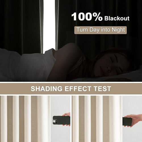 102 Inches Long 100% Blackout Oatmeal Linen Curtains, Farmhouse Pinch Pleated - Image 2