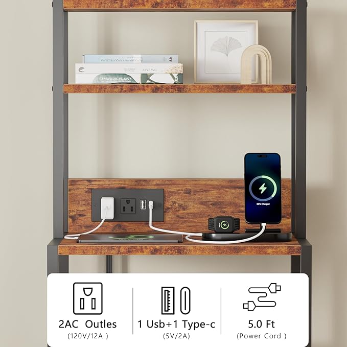 Night Stand with Charging Station, Tall Nightstand, LED Lights | 4-Tier Shelves - Image 7
