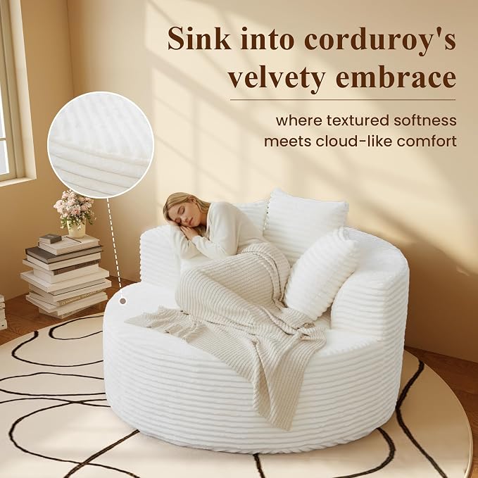 Oversized Round Chair Lounge Chaise Indoor, Upholstered Corduroy Sofa Bed - Image 5