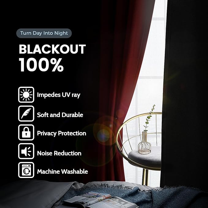 SimpleHome Burgundy Red 100% Blackout Curtains Room Darken Living Room 63 | - Image 3