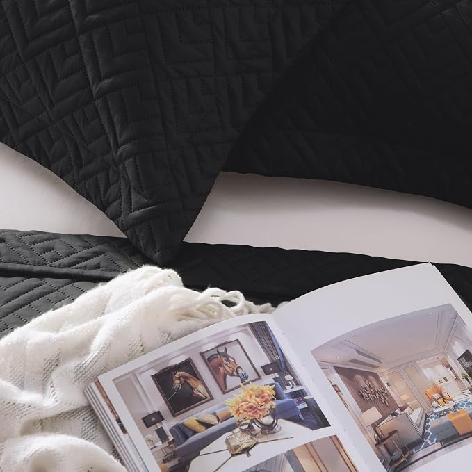 EXQ Home Twin Quilt Set Lightweight Squares Pattern Black Bedding Set | Soft - Image 7