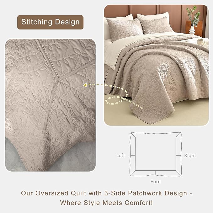 Lady Ann Oversized King Bedspreads 120x120, Extra Large 3 Pieces Leaves Print - Image 4
