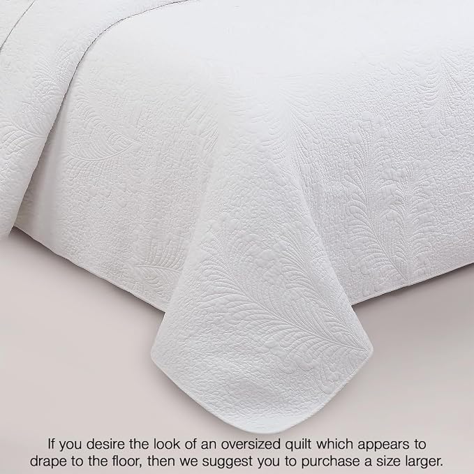 Cozy Line Home Fashions White 100% Cotton Quilt Set King | 3-Piece, Quilted - Image 5
