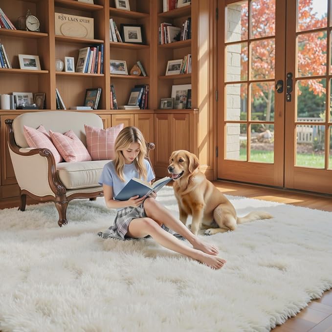 5x8 Cream Shag Area Rug for Living Room, Fluffy Plush Carpet | Non-Slip Large - Image 3