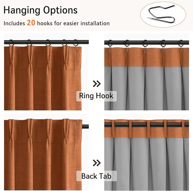 Pinch Pleated Full Blackout Faux Linen Curtains 102 Inches Long | Burnt Orange - Image 3