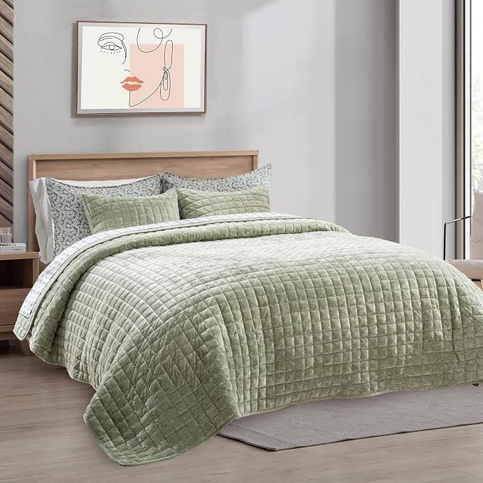 RECYCO Channel Box Stitch Velvet Quilt Set, Twin/Twin XL Size, Sage Green | by RECYCOHOMECOLLECTION