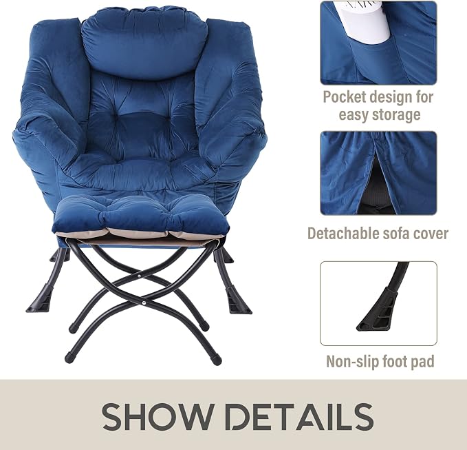 Lazy Chair with Ottoman, Comfy Accent Reading Chair, Velvet RoyalBlue | - Image 5